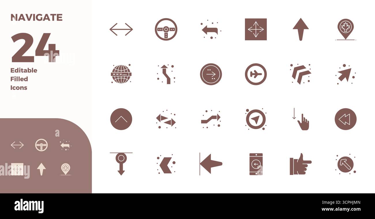 Collection haute performance de 24 icônes vectorielles remplies de glyphes pour naviguer, conçue avec une résolution parfaite de 128x128 PIXELS pour une interface utilisateur optimale Illustration de Vecteur