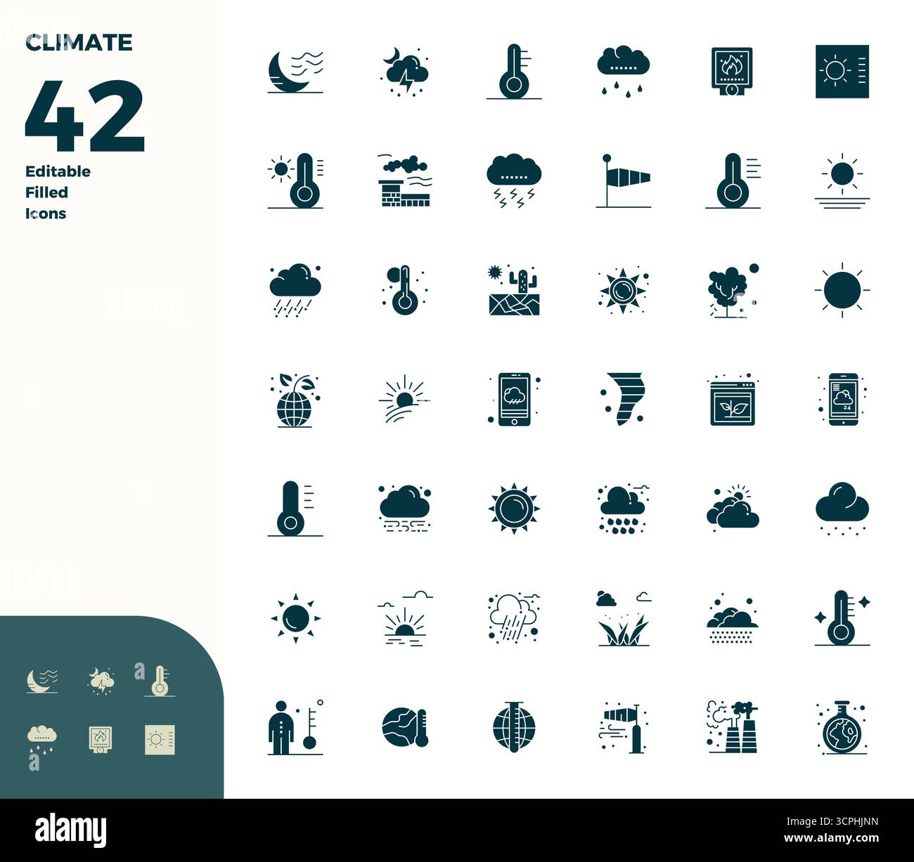 Pack innovant de 42 icônes vectorielles sur le thème du climat, présentant un design rempli de glyphes au format parfait 128x128 PIXELS pour les solutions numériques modernes. Illustration de Vecteur