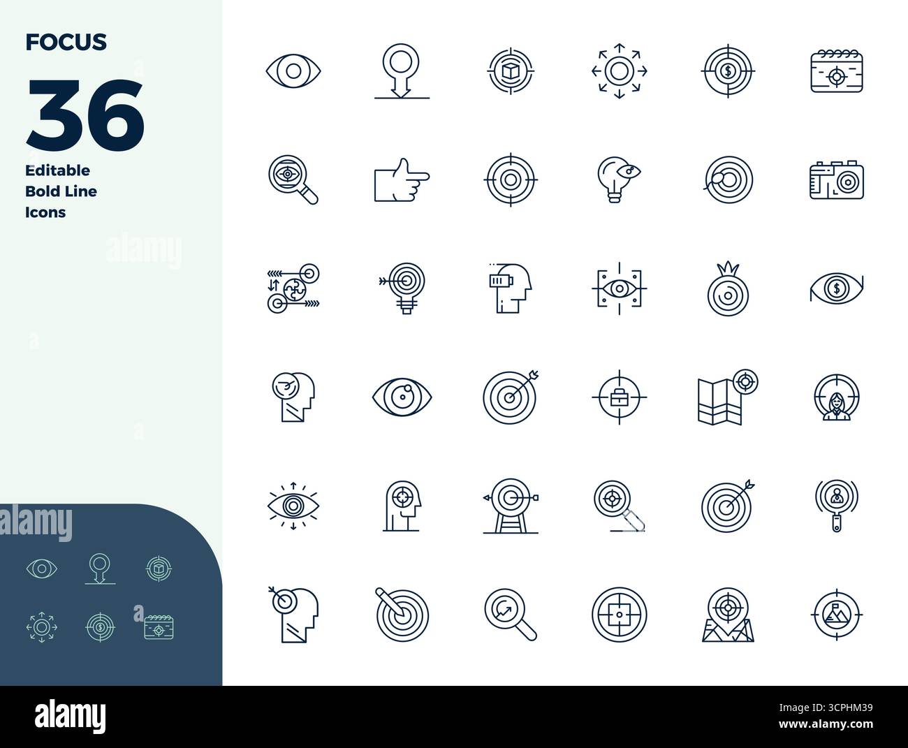 Pack essentiel d'icônes vectorielles parfaites de 36 PIXELS pour la mise au point au format Bold Line, dimensionné à 128x128 pour des performances et une évolutivité optimales. Illustration de Vecteur