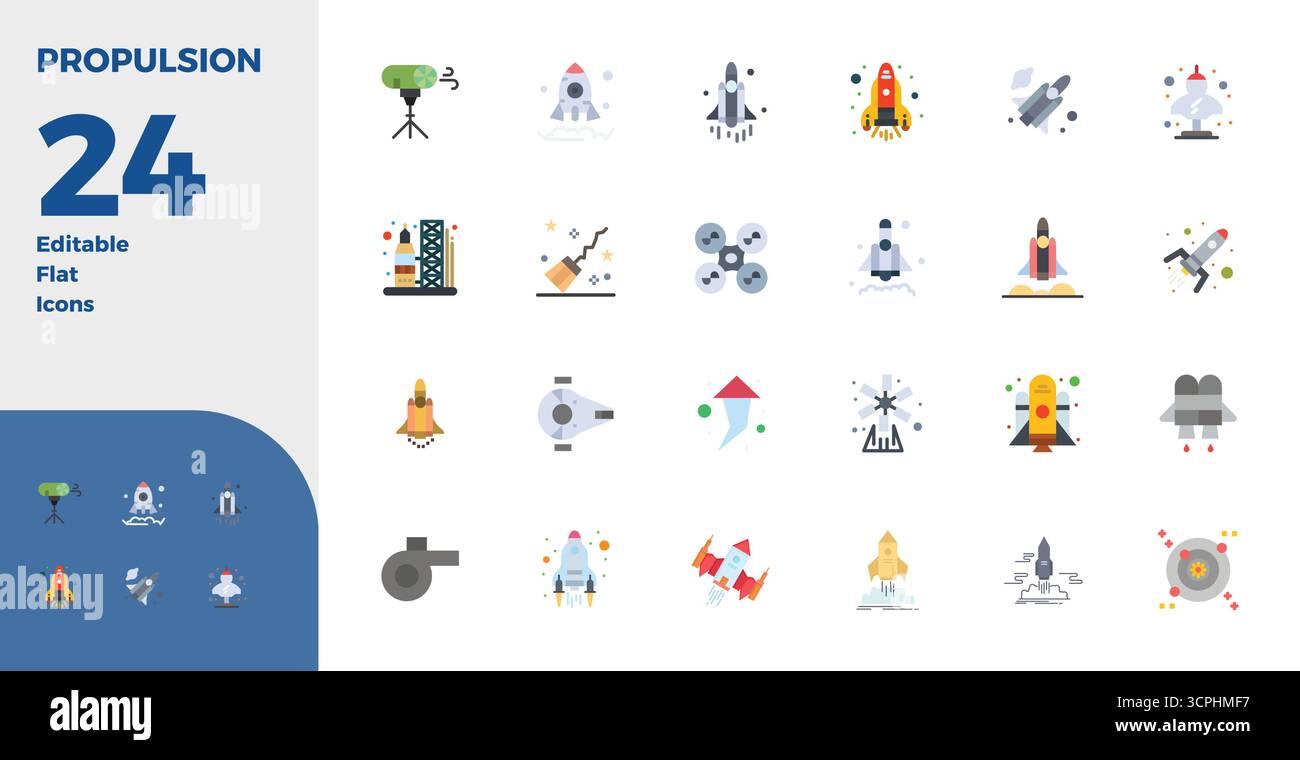 Ce pack d'icônes vectorielles propulsion comprend 24 designs plats au format parfait 128x128 PIXELS, parfait pour améliorer les interfaces numériques. Illustration de Vecteur