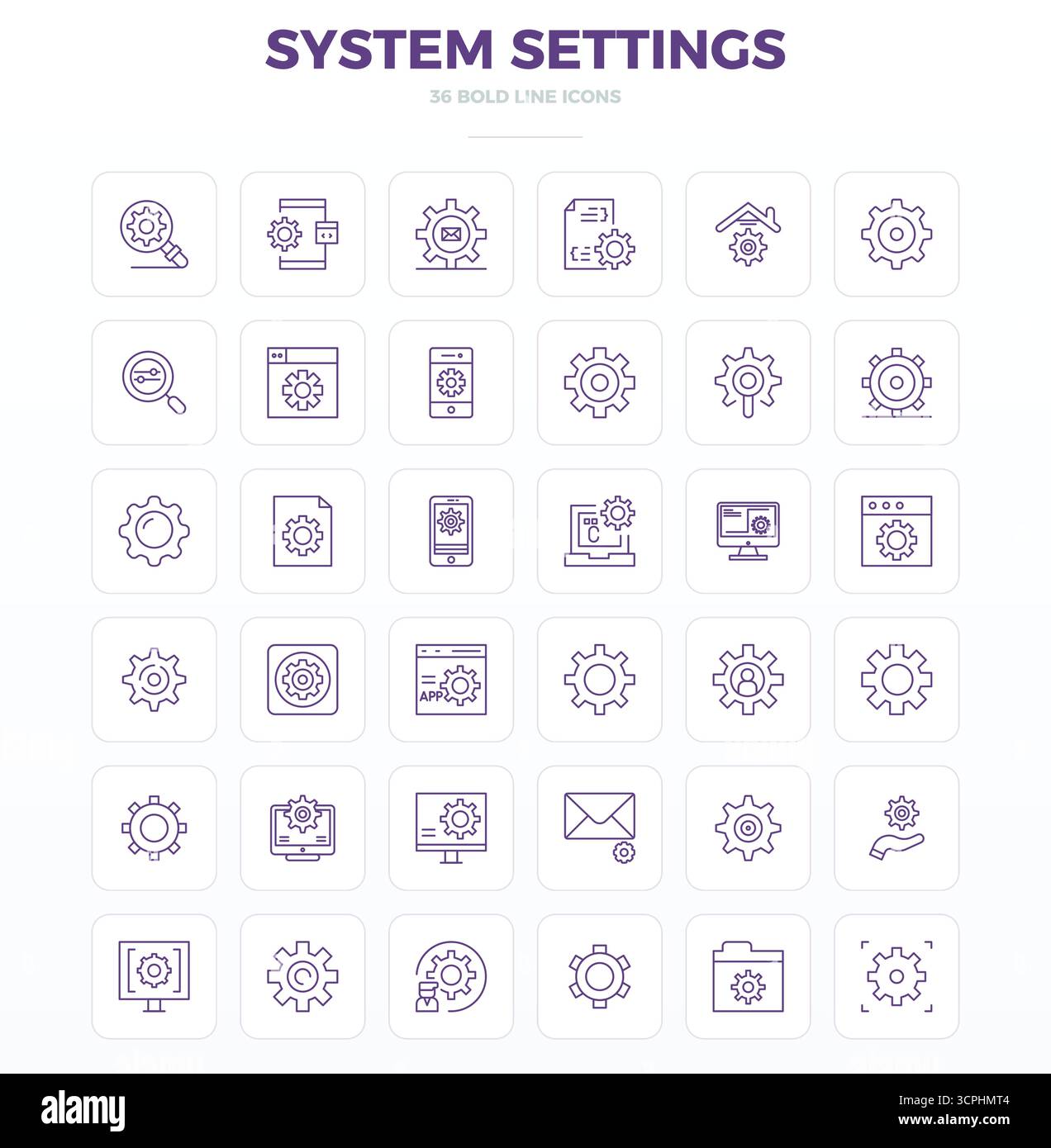 Collection haute performance de 36 icônes vectorielles Strong Outline pour les paramètres du système, conçu avec 128x128 PIXELS résolution parfaite pour un utilisateur optimal i Illustration de Vecteur