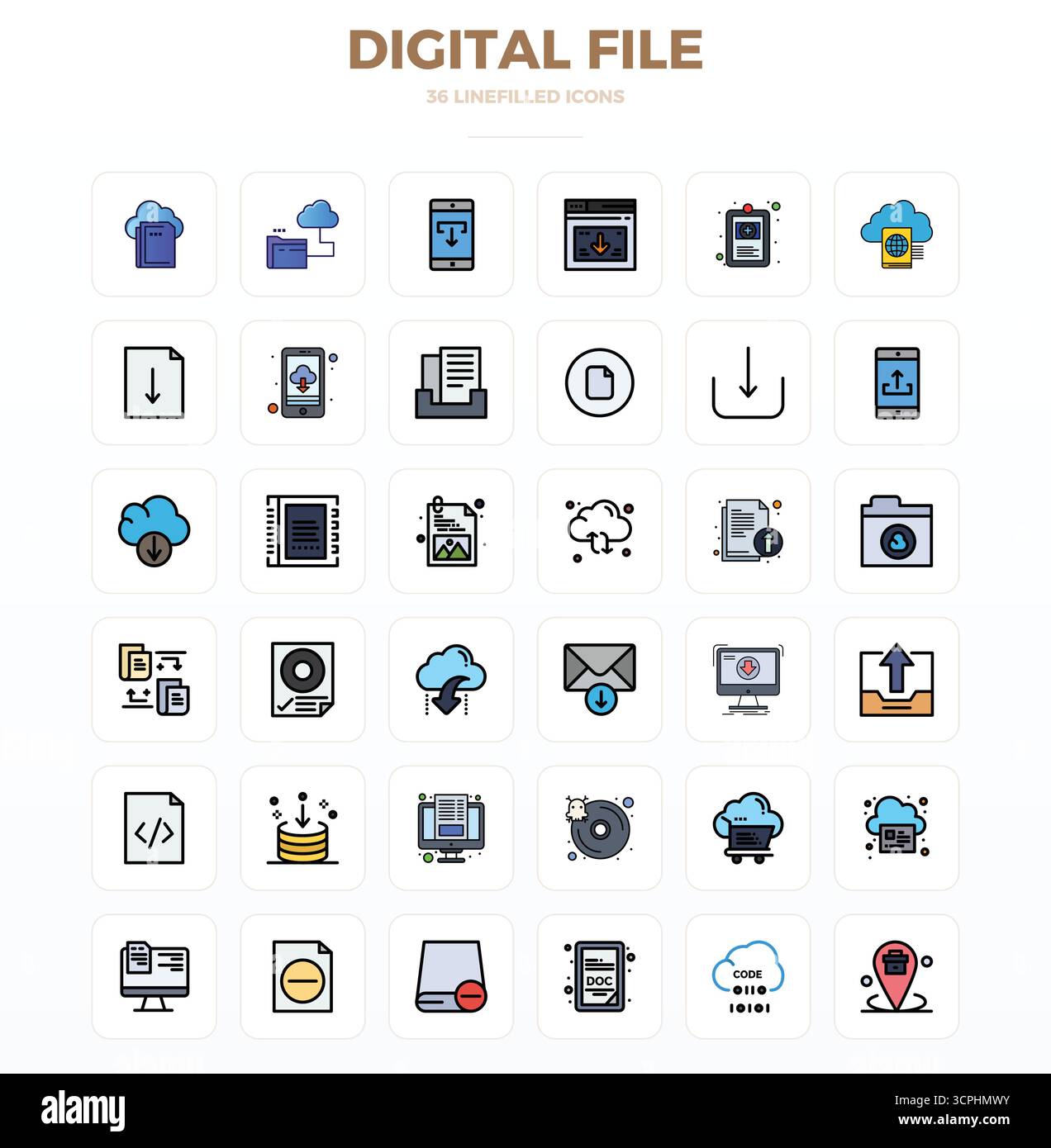 Améliorez vos projets avec 36 icônes vectorielles LineFill sur le thème du fichier numérique, avec une résolution parfaite de 128x128 PIXELS idéale pour nettoyer et professer Illustration de Vecteur