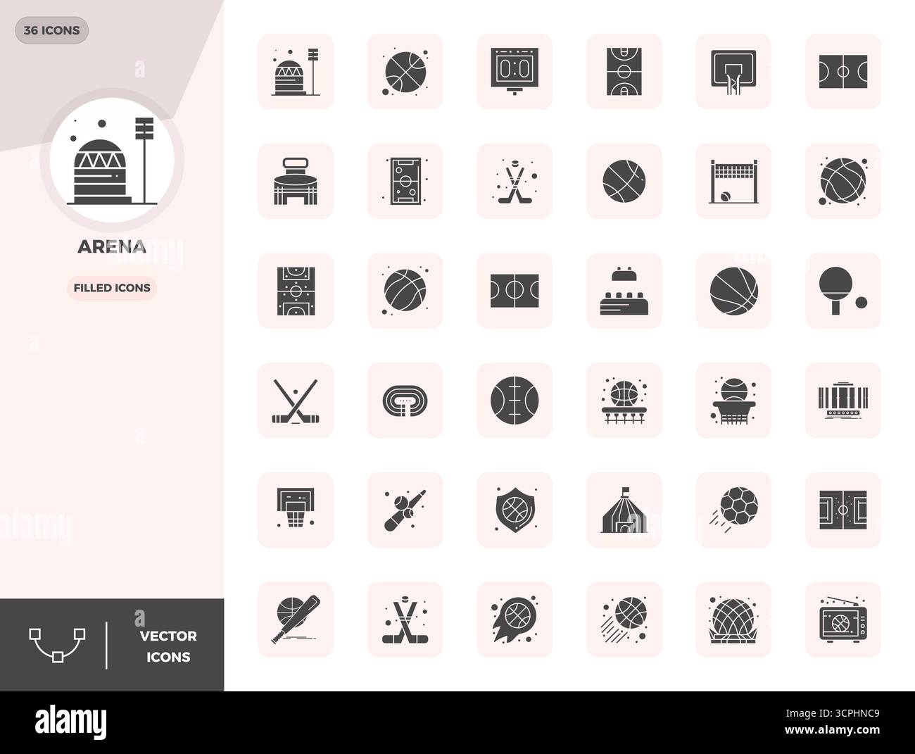 Pack stratégique avec 36 icônes vectorielles représentant Arena dans un format rempli, optimisé avec 128x128 PIXELS DE qualité parfaite pour le flux de travail professionnel Illustration de Vecteur