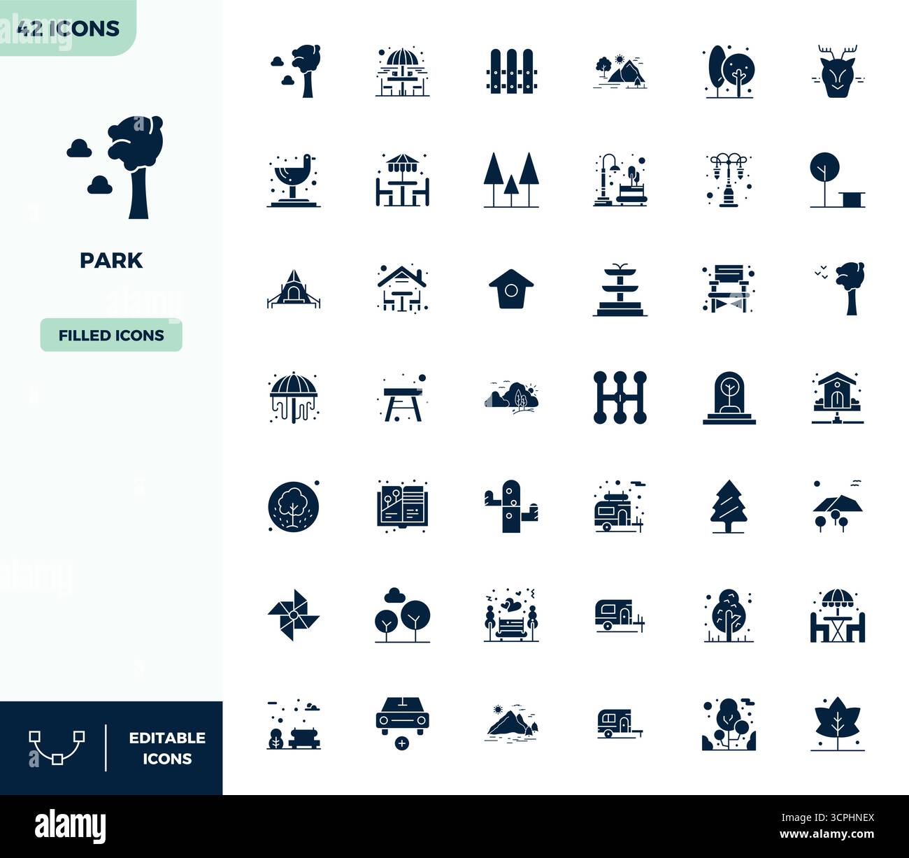 Ensemble de 42 icônes vectorielles pleines de PIXELS parfaites sur le thème de Park, conçu en résolution 128x128 pour une intégration transparente dans les applications et les sites Web. Illustration de Vecteur