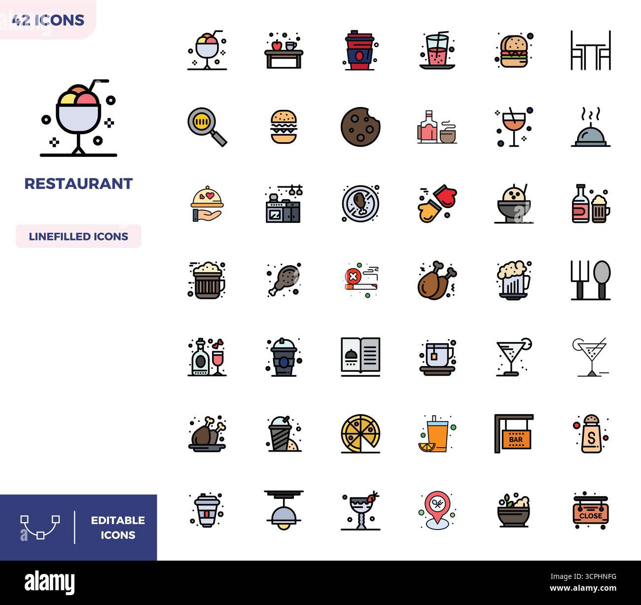 Collection exclusive de 42 icônes vectorielles Flat Lineal Color pour Restaurant, développée avec une résolution parfaite de 128x128 PIXELS pour une expérience de marque premium Illustration de Vecteur