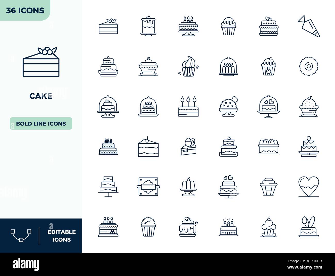 Pack innovant de 36 icônes vectorielles sur le thème du gâteau, présentant la conception Heavy Line au format parfait 128x128 PIXELS pour les solutions numériques modernes. Illustration de Vecteur
