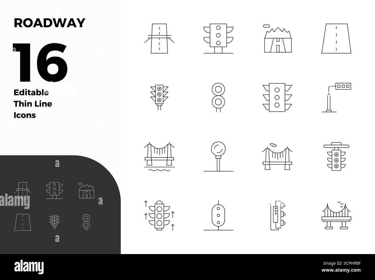 Télécharger 16 icônes vectorielles évolutives Thin Line conçues pour la chaussée, avec une résolution 128x128 PIXEL parfait adaptée aux professionnels et créatifs pr Illustration de Vecteur
