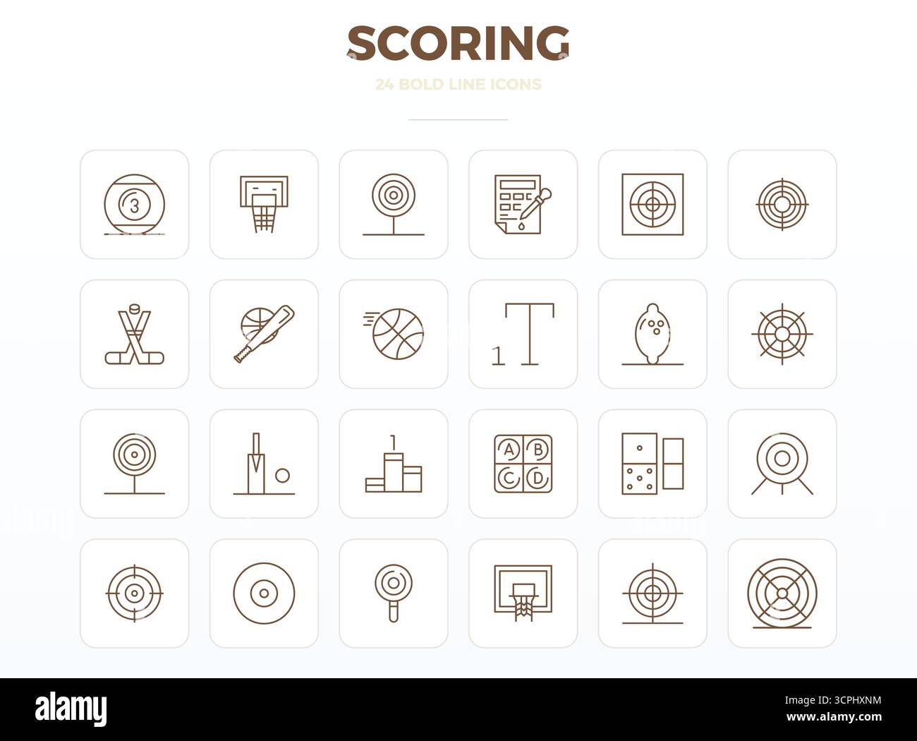 Collection exclusive de 24 icônes vectorielles Strong Outline pour Scoring, développée avec une résolution parfaite de 128x128 PIXELS pour des expériences de marque premium. Illustration de Vecteur