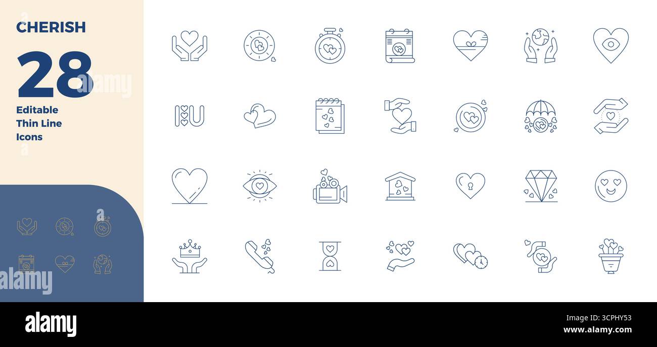 Pack distinctif d'icônes vectorielles parfaites de 28 PIXELS inspirées par Cherish, conçues en format Thin Line à 128x128 pour des expériences de marque mémorables. Illustration de Vecteur