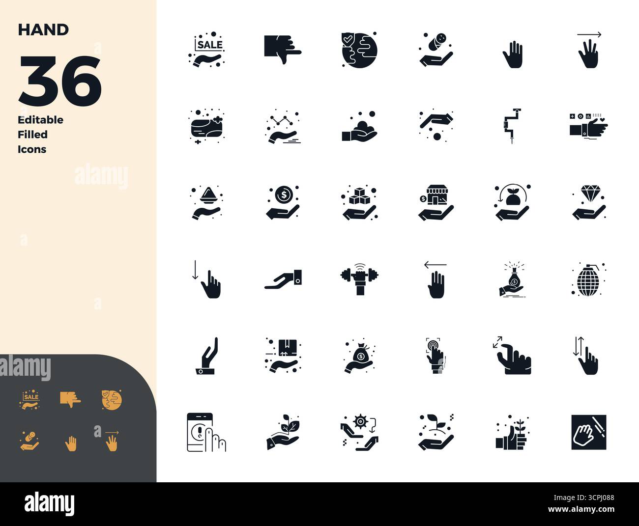 Découvrez un ensemble de 36 icônes vectorielles remplies de glyphes conçues pour le thème de la main, avec des designs parfaits 128x128 PIXELS idéaux pour les projets UI / UX modernes. Illustration de Vecteur