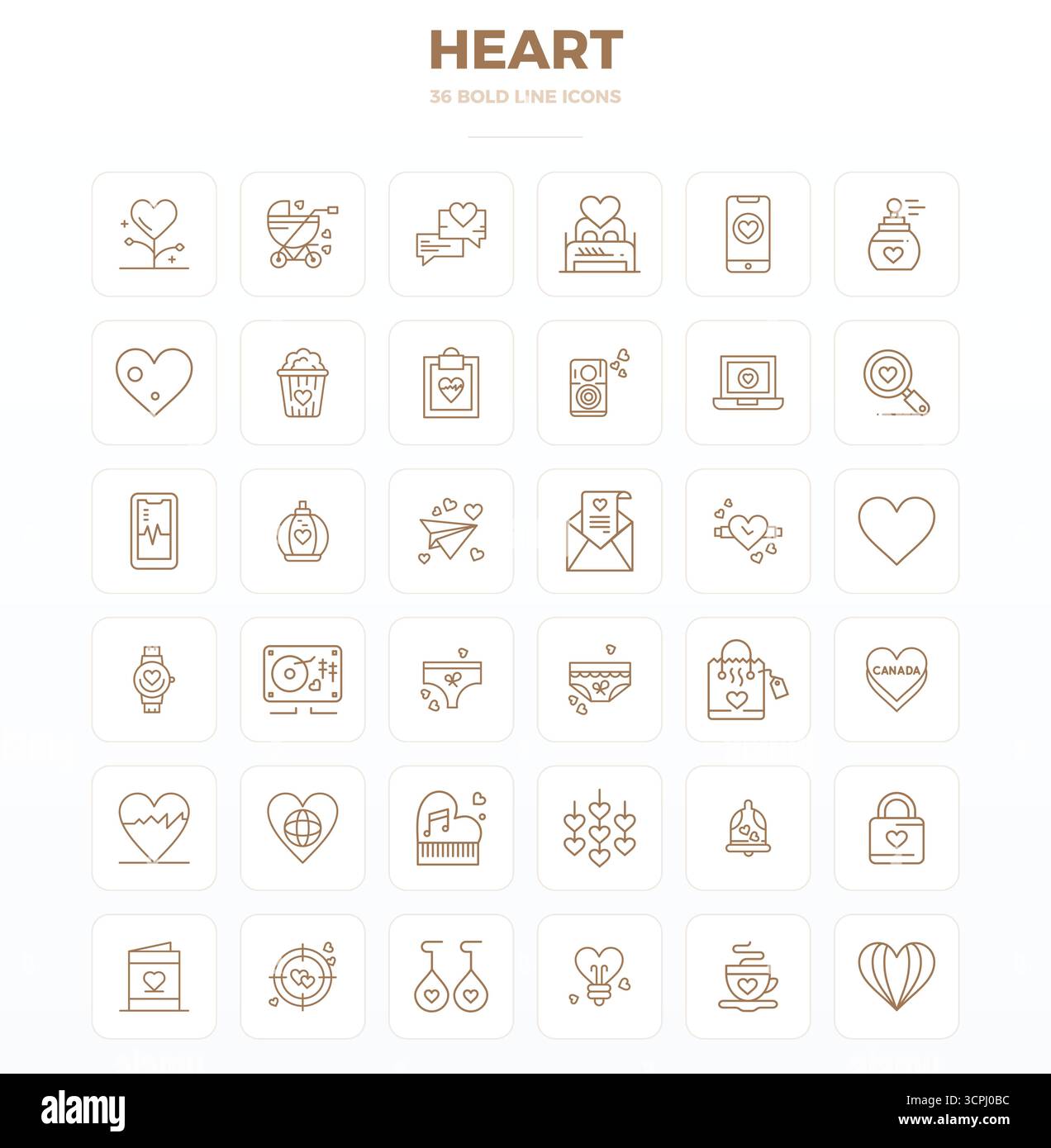 Collection contemporaine de 36 icônes vectorielles représentant le coeur dans l'esthétique Strong Outline, avec 128x128 PIXELS résolution parfaite pour appli moderne Illustration de Vecteur