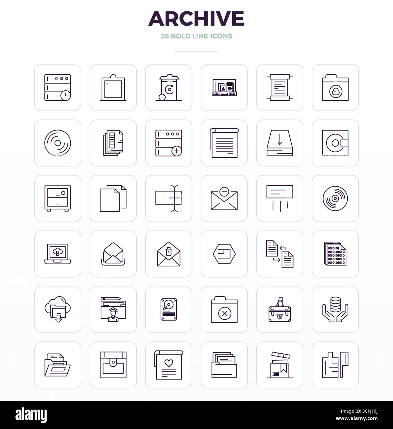 Collection haute performance de 36 icônes vectorielles Strong Outline pour Archive, conçue avec une résolution parfaite de 128x128 PIXELS pour une interface utilisateur optimale Illustration de Vecteur