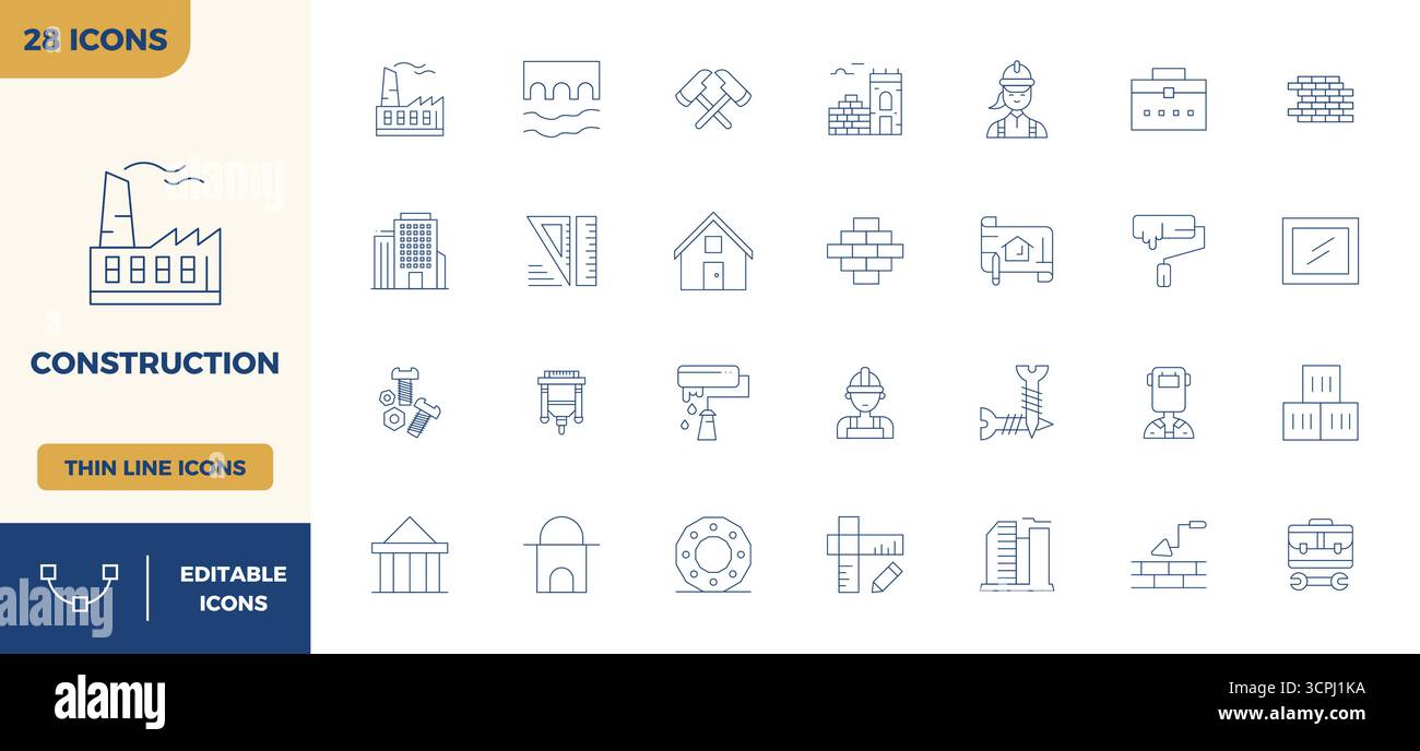 Télécharger 28 icônes vectorielles évolutives minimal Line conçues pour la construction, avec une résolution 128x128 PIXELS parfaite adaptée aux professionnels et aux cre Illustration de Vecteur