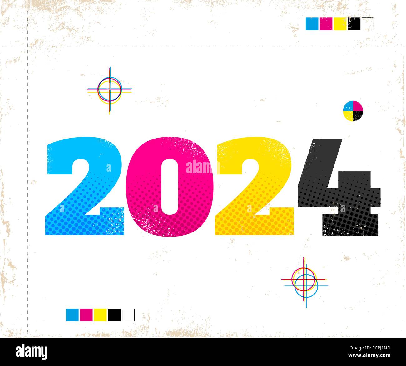Affiche vintage vectorielle avec 2024 dans le style CMJN. Affiche rétro pour la nouvelle année 2024 Illustration de Vecteur