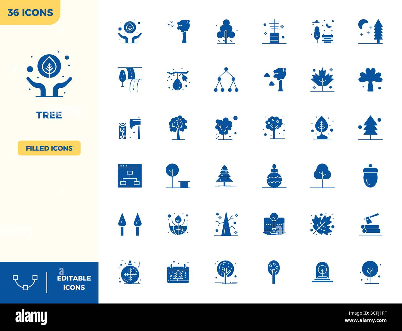 Collection artisanale avec 36 icônes vectorielles remplies pour Tree, optimisée en 128x128 PIXELS résolution parfaite pour des expériences numériques premium. Illustration de Vecteur