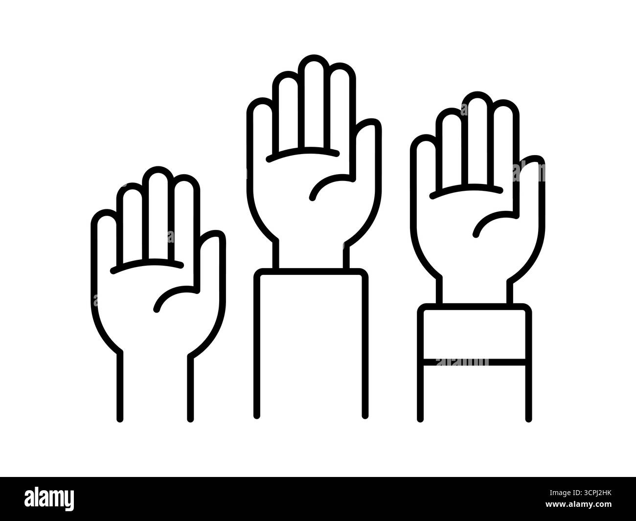 Icône de ligne à trois mains levées. Bénévolat, vote, participation et soutien communautaire. Démocratie, unité, collaboration et initiatives publiques.Vector Illustration de Vecteur