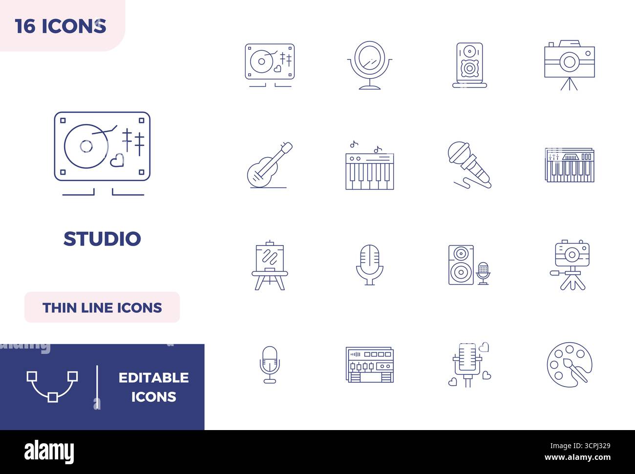 Pack essentiel d'icônes vectorielles parfaites de 16 PIXELS pour Studio au format minimal Line, dimensionné à 128x128 pour des performances et une évolutivité optimales. Illustration de Vecteur