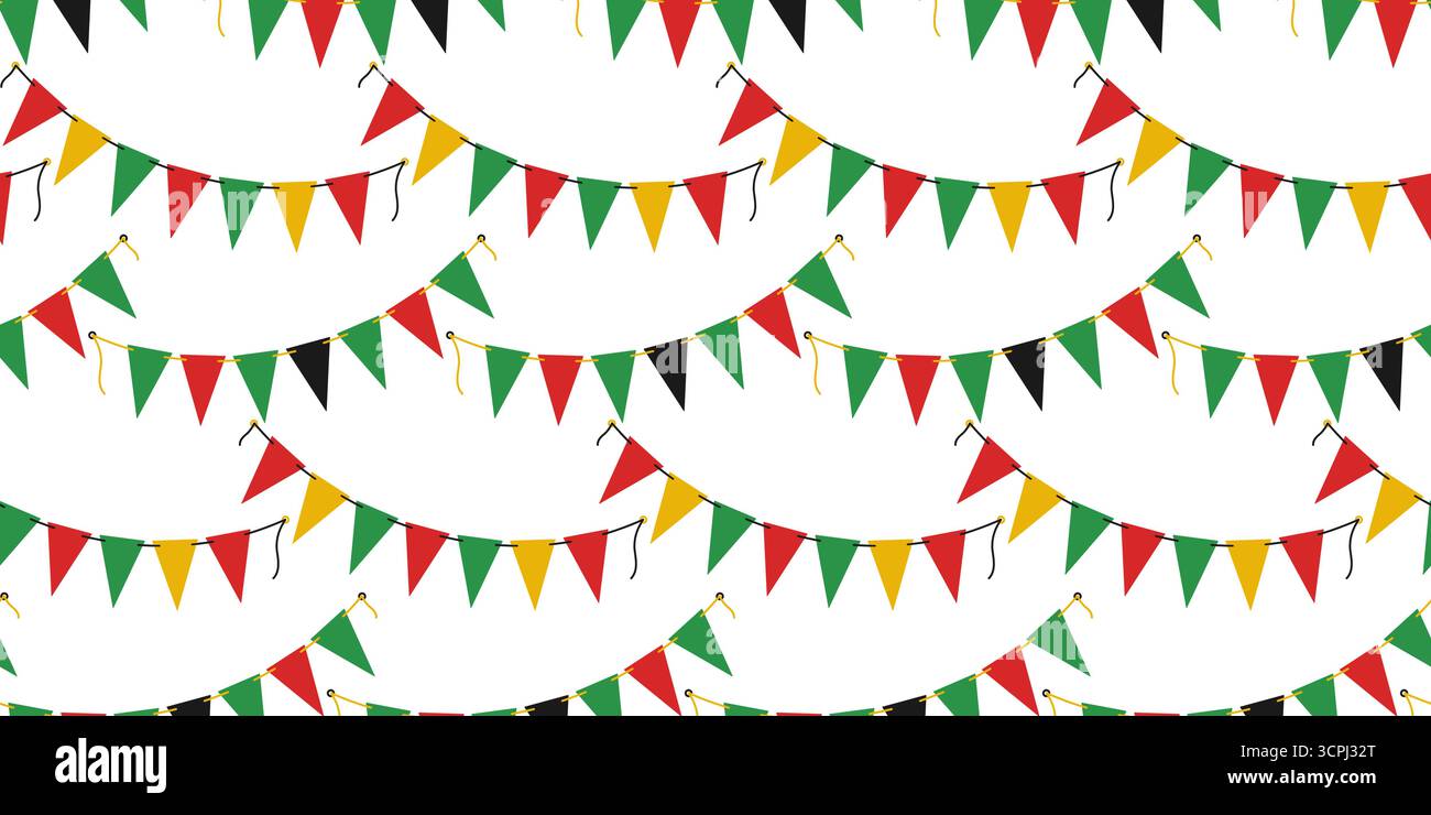 Guirlande Pennant triangulaire sur corde sans couture motif traditionnel Kwanzaa Holiday Colors format de bannière. Illustration vectorielle isolée Kwanzaa ou toile de fond des célébrations panafricaines salutations invitent des bannières Illustration de Vecteur