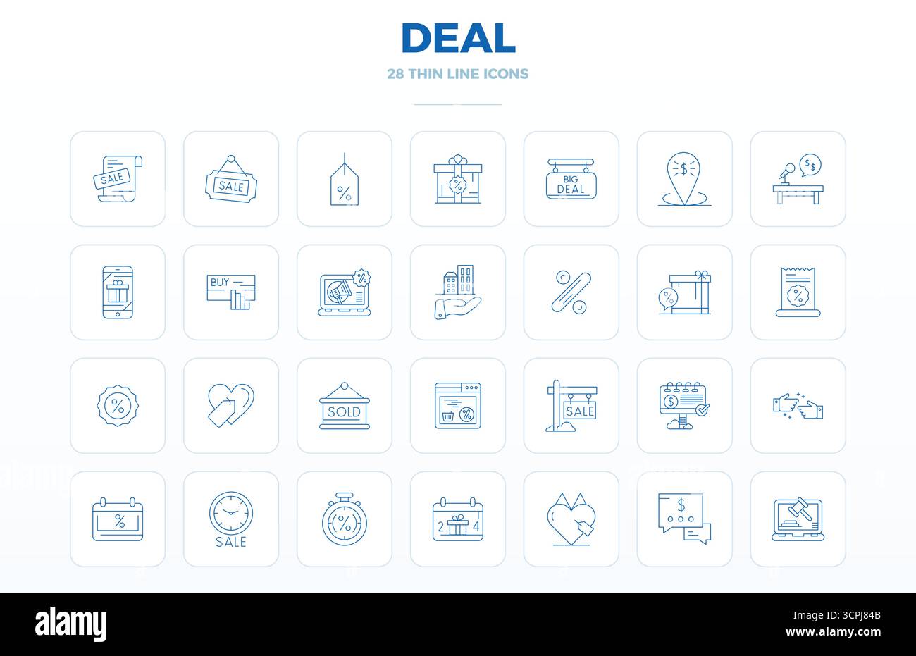Pack distinctif d'icônes vectorielles parfaites de 28 PIXELS inspirées par Deal, conçues en format Thin Outline à 128x128 pour des expériences de marque mémorables. Illustration de Vecteur