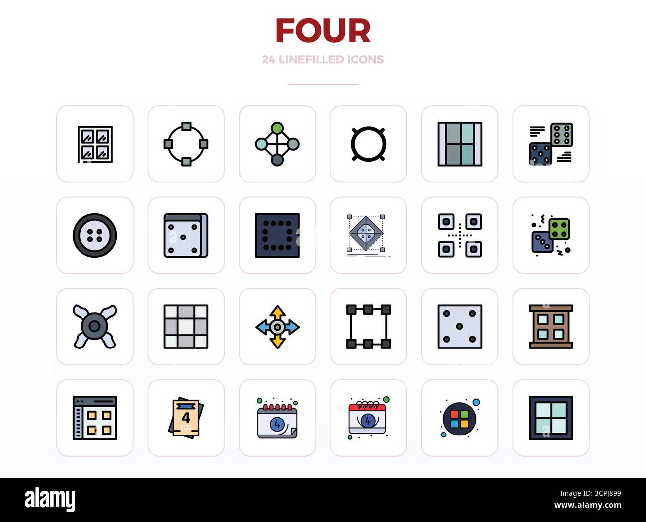 Cette collection comprend 24 icônes vectorielles LineFill PIXEL Perfect adaptées aux quatre thèmes, optimisées au format 128x128 pour la conception numérique. Illustration de Vecteur