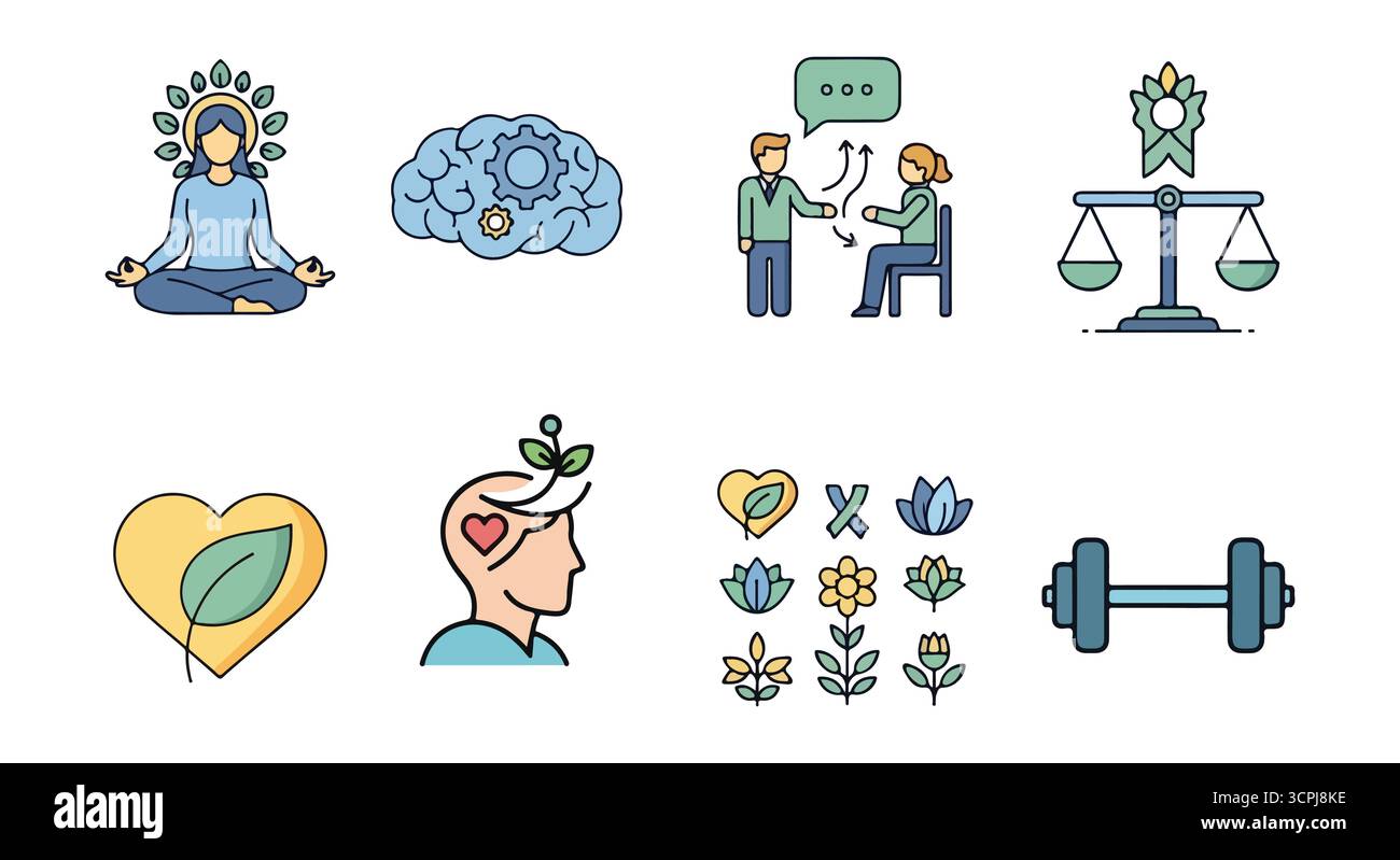 Jeu d'icônes santé mentale, bien-être et équilibre Illustration de Vecteur