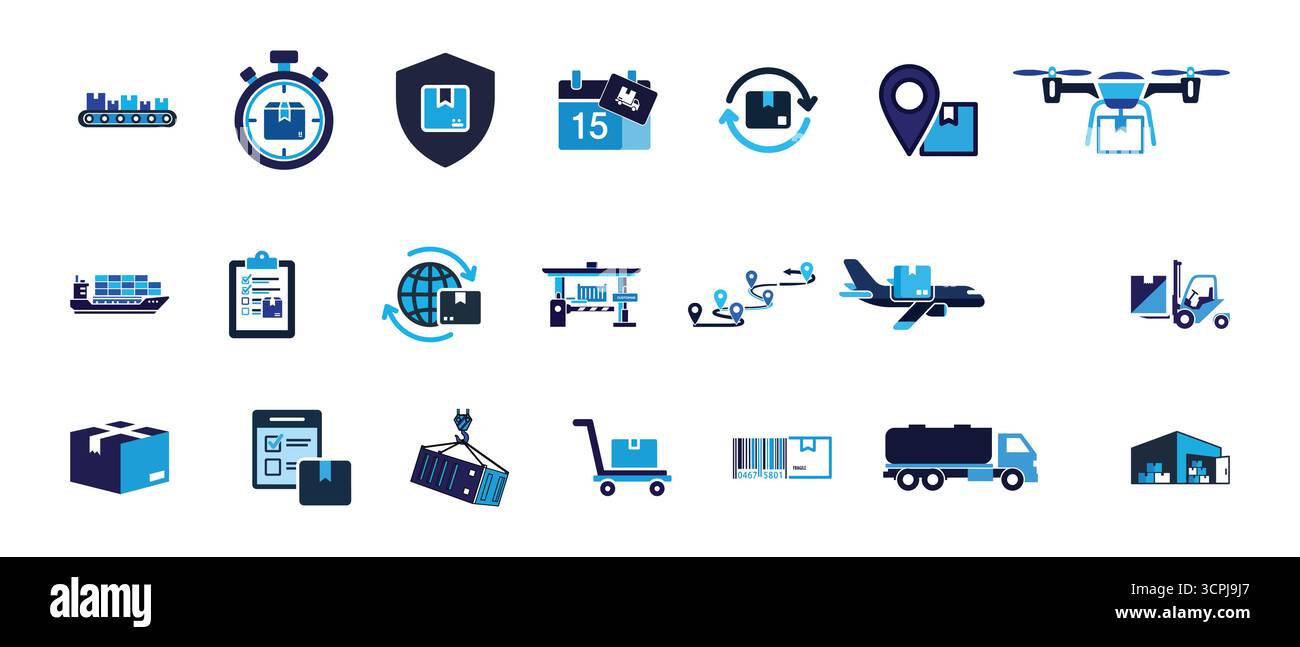 Ensemble d'icônes de logistique et de livraison avec des symboles d'entrepôt de transport maritime et de chaîne d'approvisionnement pour les opérations commerciales Illustration de Vecteur