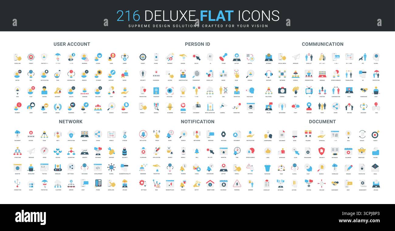 Ensemble complet d'icônes plates couvrant le compte utilisateur, l'identification de personne, la communication, le réseau, la notification, et thèmes de gestion de documents illustration vectorielle isolée Illustration de Vecteur