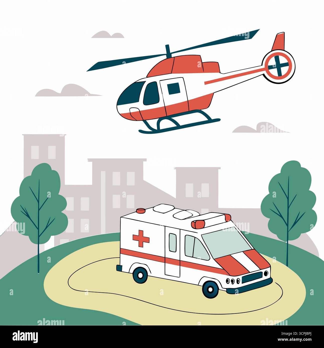 Hélicoptère d'ambulance aérienne et camionnette médicale en ville - vecteur de sauvetage d'urgence Illustration de Vecteur