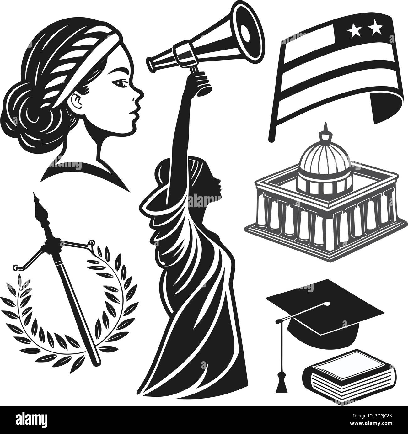 Jeu d'icônes Silhouette droits des femmes, Justice, éducation et politique Illustration de Vecteur