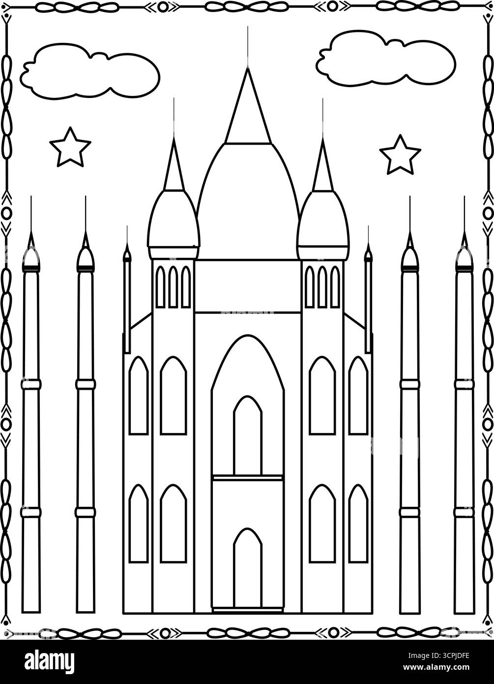 Coloriage d'une mosquée avec des échantillons colorés. Il peut être utilisé pour les livres de coloriage et les pages de coloriage. Illustration de Vecteur