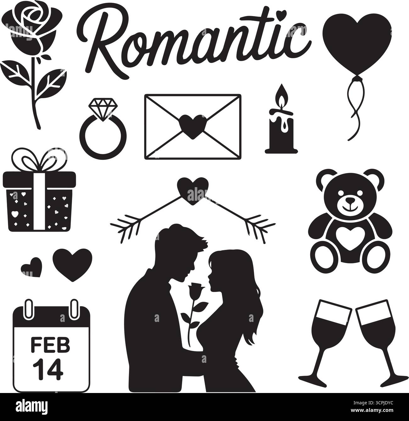 Ensemble romantique Silhouette de la Saint-Valentin icône Illustration de Vecteur