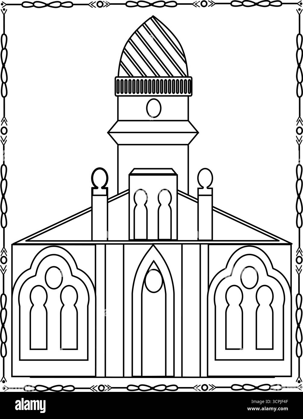 Pagode asiatique traditionnelle dans le paysage rural, art de ligne noire de l'architecture historique parmi les champs et ciel nuageux Illustration de Vecteur