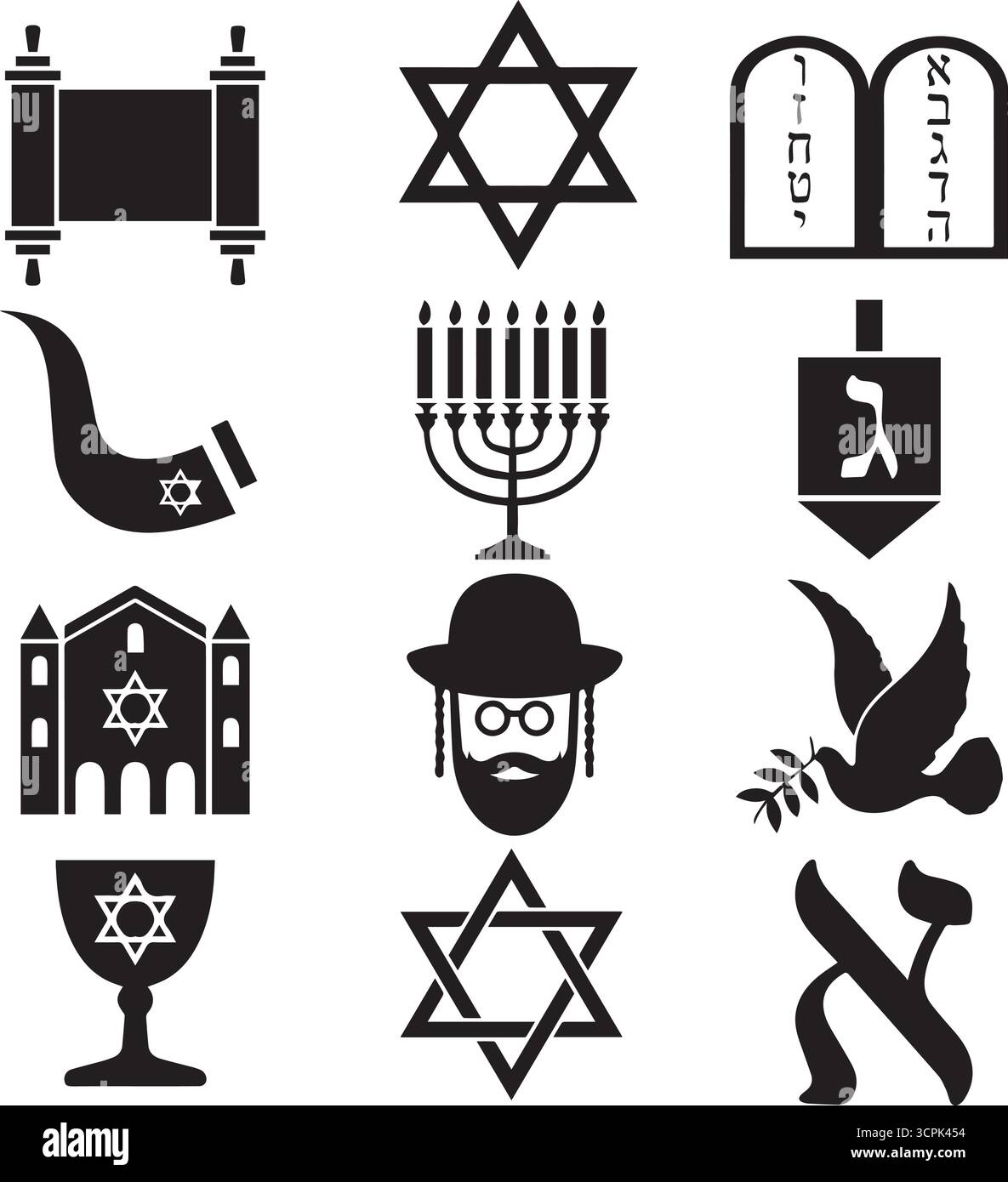 Judaïsme icônes noir et blanc. Collection de 12 icônes du judaïsme noir et blanc, isolés sur fond blanc. Fichier EPS disponible. Illustration de Vecteur