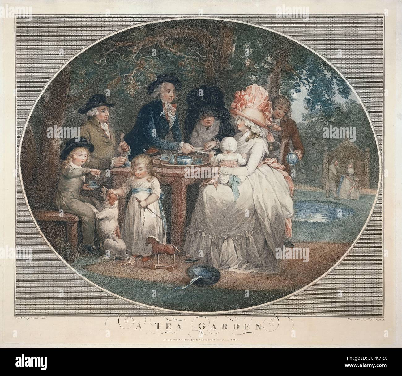 Photo du jardin de thé par Francis David Soiron d'après George Morland, pointillés de couleur main gravure à l'aquarelle art art ancienne impression antique Banque D'Images