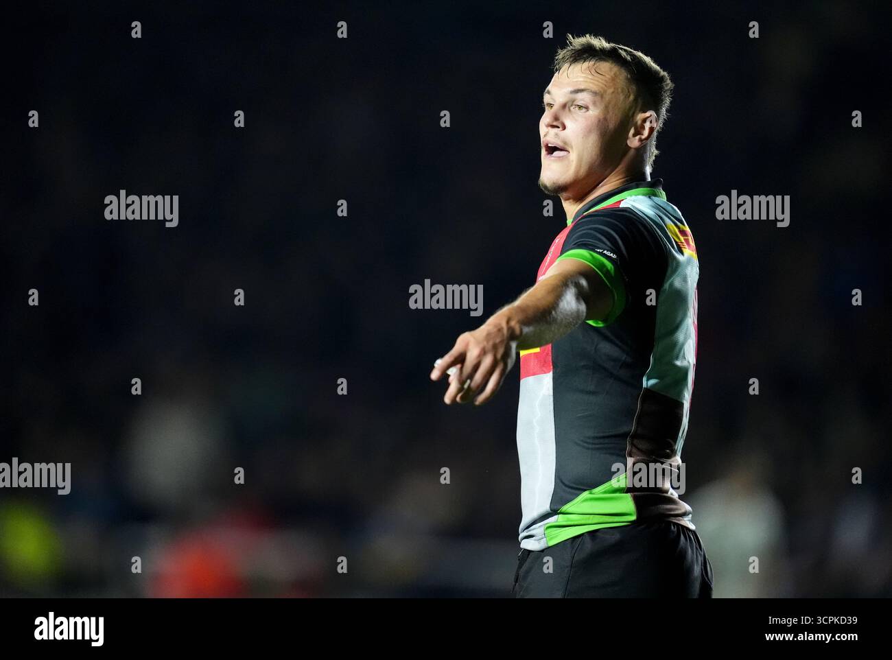 Jarrod Evans des Harlequins lors du Gallagher PREM match au Twickenham Stoop Stadium, Londres. Date de la photo : vendredi 26 septembre 2025. Banque D'Images