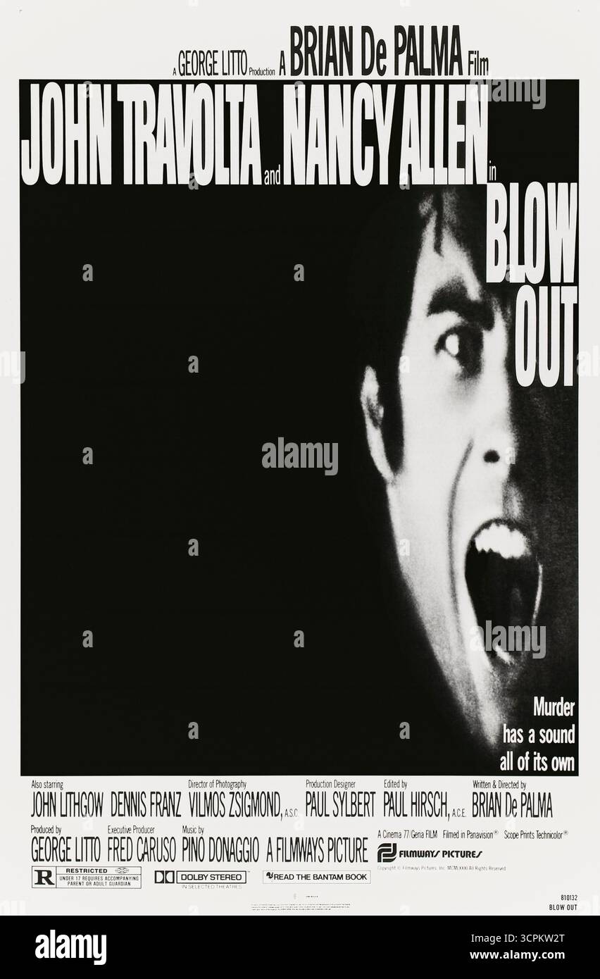 Blow Out (1981) réalisé par Brian de Palma avec John Travolta, Nancy Allen et John Lithgow. Un technicien du son enregistre les preuves d'un meurtre tout en travaillant sur un film d'horreur à petit budget. Photographie d'une affiche américaine originale de 1981 À USAGE ÉDITORIAL EXCLUSIF. Crédit : BFA / Filmways Pictures Banque D'Images