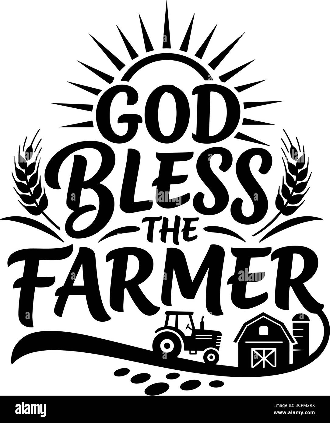 Cette illustration en noir et blanc représente une citation calligraphique « Dieu bénisse le fermier » avec un tracteur, une grange, du blé et du soleil. Illustration de Vecteur