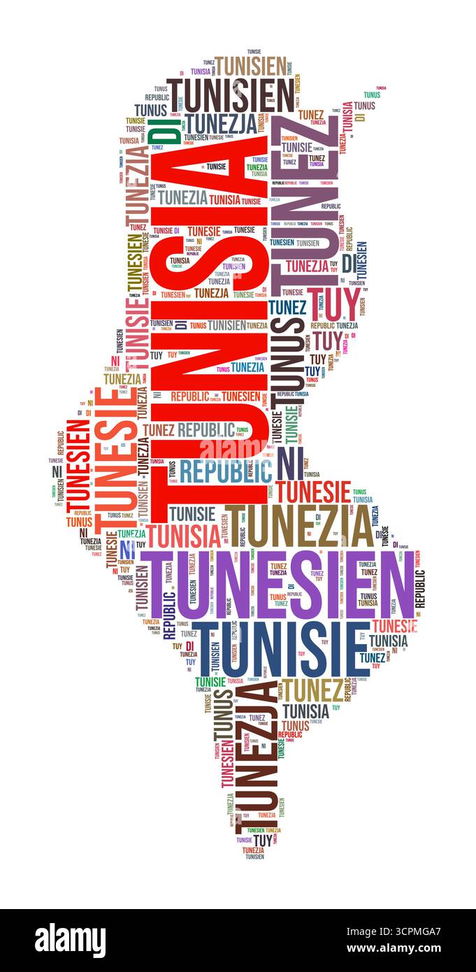 Nuage de mots en forme de pays Tunisie. Illustration de pays de style typographique. Image Tunisie dans le style nuage de texte. Illustration vectorielle. Illustration de Vecteur
