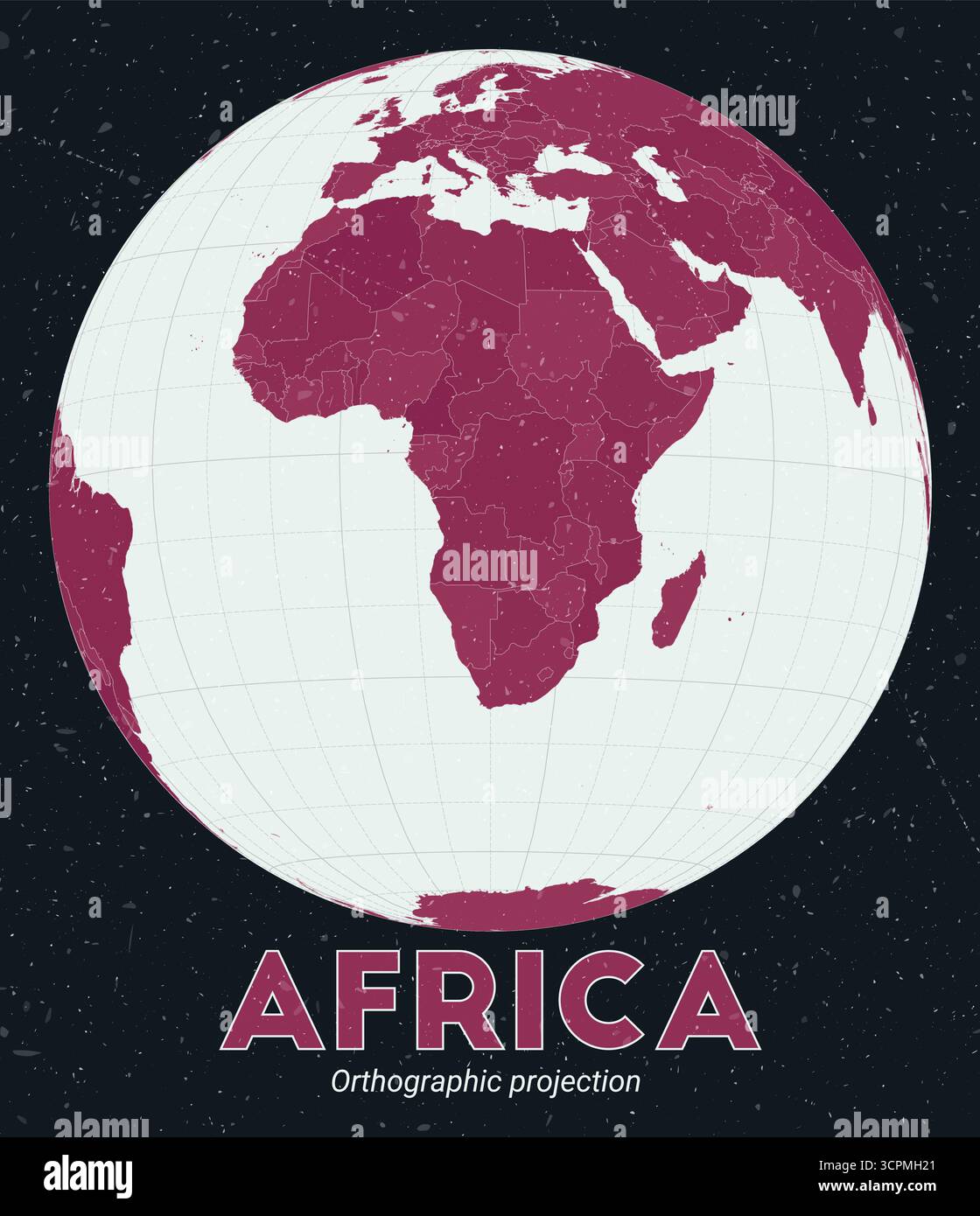 Afrique. Carte du monde. Projection orthographique centrée sur l'Afrique. Palette Pink foncé menthe pâle. Texture vintage. Illustration vectorielle étonnante. Illustration de Vecteur