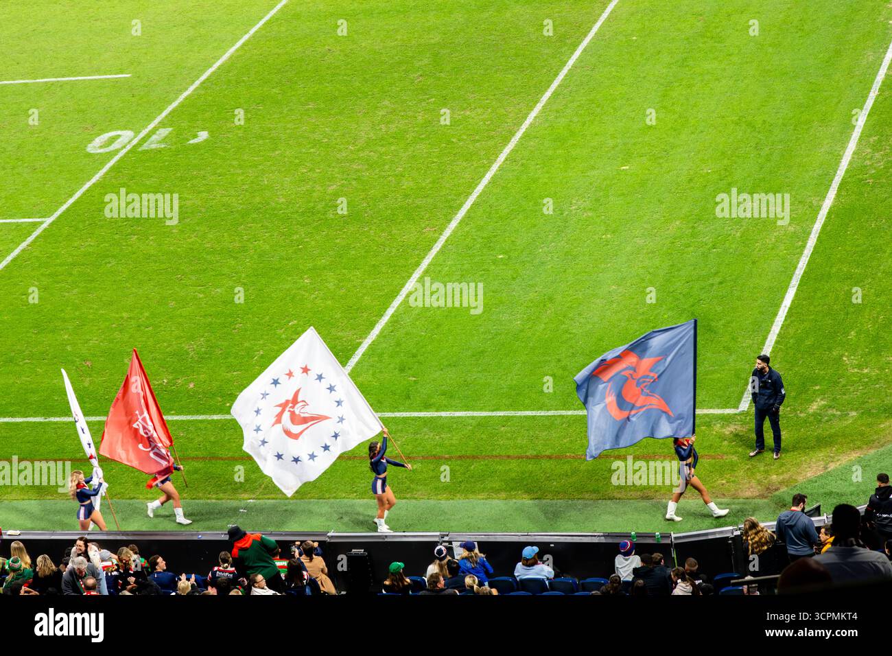 Sydney, Australie - 5 septembre 2025 : match de la ligue nationale de rugby entre les Roosters et les Rabbitohs dans l'arène du stade Allianz en Australie. Banque D'Images