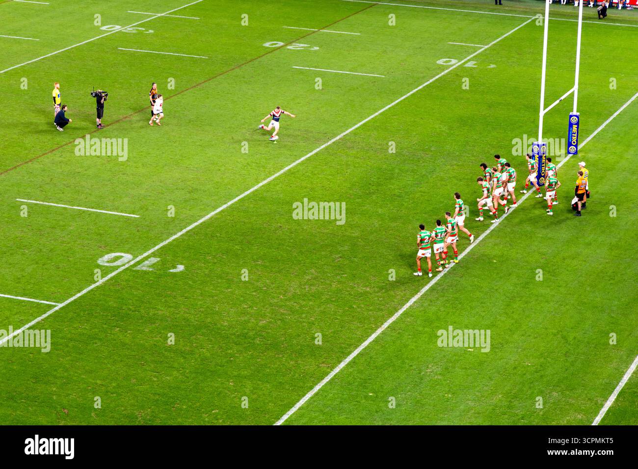 Sydney, Australie - 5 septembre 2025 : match de la ligue nationale de rugby entre les Roosters et les Rabbitohs dans l'arène du stade Allianz en Australie. Banque D'Images