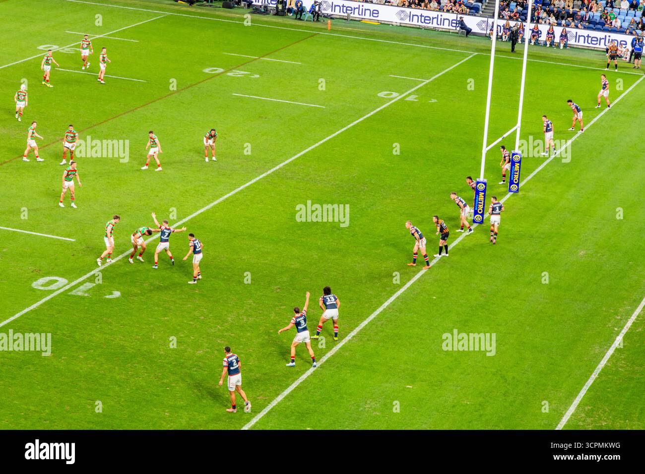Sydney, Australie - 5 septembre 2025 : match de la ligue nationale de rugby entre les Roosters et les Rabbitohs dans l'arène du stade Allianz en Australie. Banque D'Images