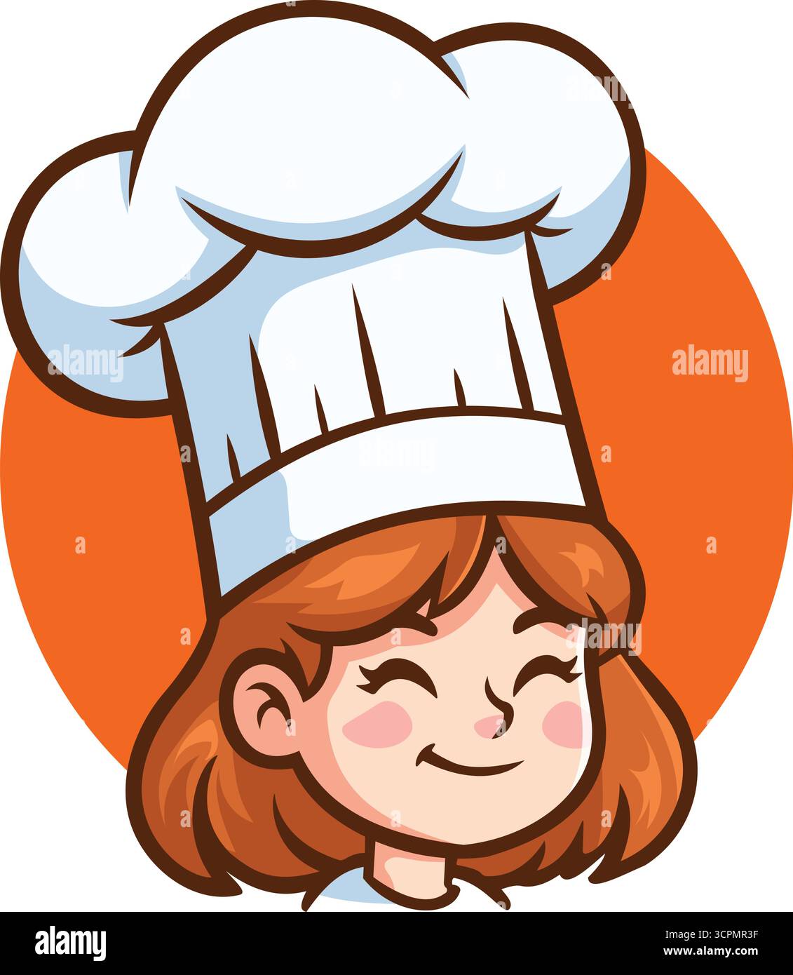 Une image de dessin animé d'un chef avec les cheveux roux et un chapeau blanc. Elle est souriante et a l'air amicale. L'image est placée sur un fond orange Illustration de Vecteur