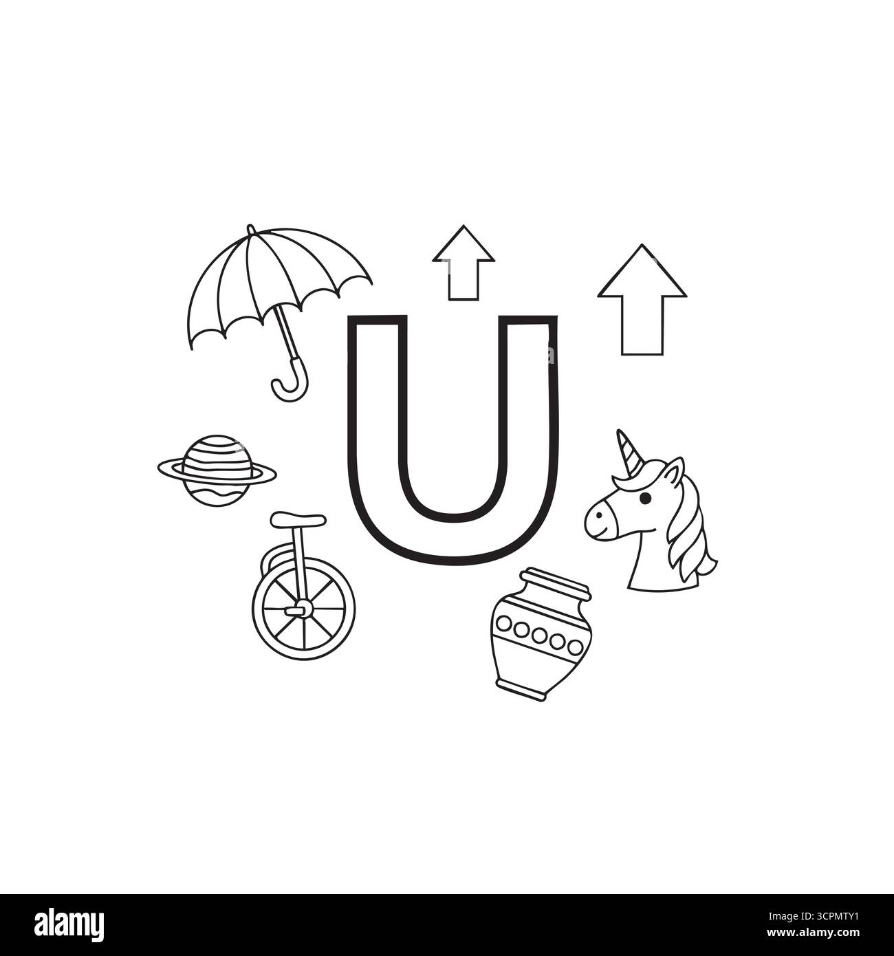 Lettre U coloriage pour les enfants avec licorne et parapluie Illustration de Vecteur