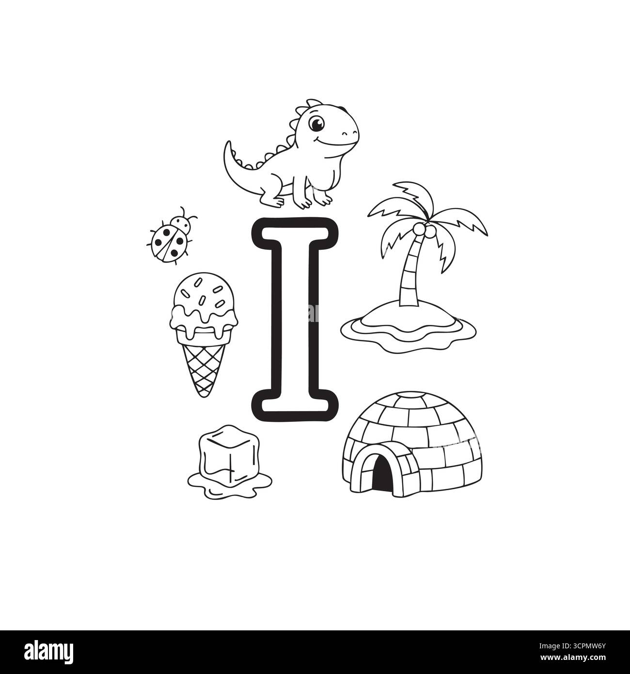 Lettre I coloriage pour les enfants avec des illustrations mignonnes Illustration de Vecteur