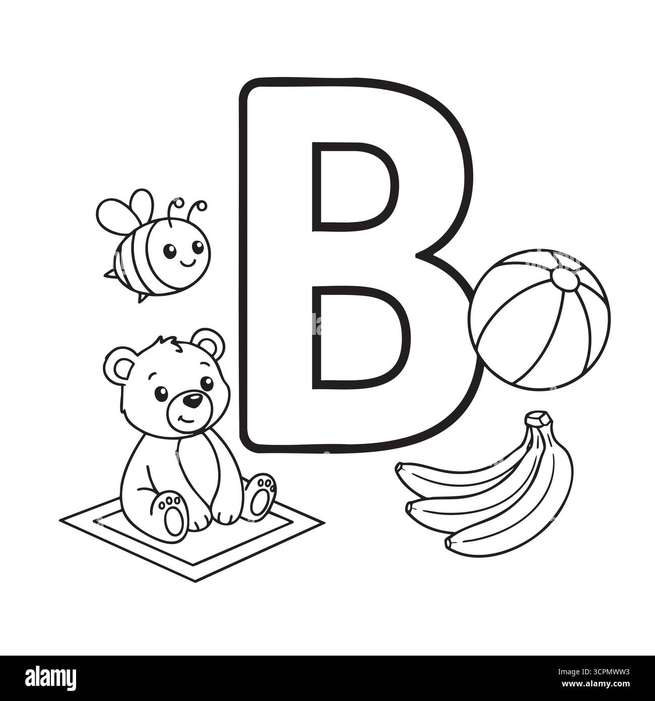 Lettre B coloriage pour les enfants avec boule d'ours d'abeille et bananes Illustration de Vecteur