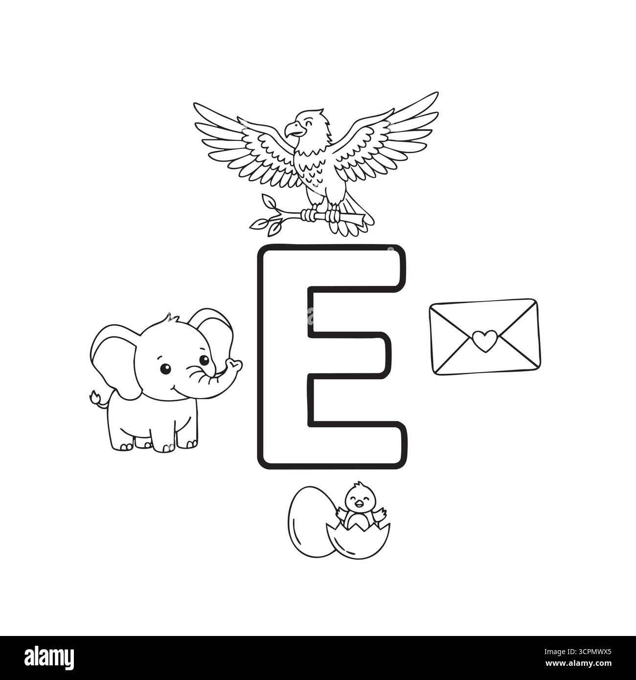 Lettre E alphabet coloriage pour les enfants avec éléphant oeuf aigle et enveloppe Illustration de Vecteur