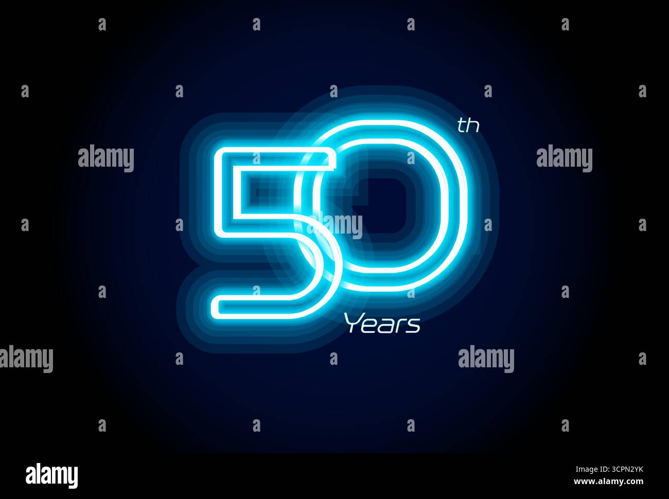 Numéro de néon bleu cinquante ans, logo du 50e anniversaire sur fond noir. Signe de jubilé lumineux brillant pour emblème de célébration de la partie d'événement cyber Illustration de Vecteur