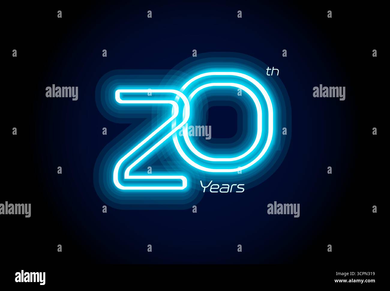 Numéro de néon bleu vingt ans, logo du 20ème anniversaire sur fond noir. Signe de jubilé lumineux brillant pour emblème de célébration de la partie d'événement cyber Illustration de Vecteur