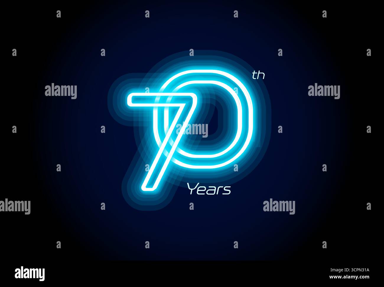 Numéro de néon bleu soixante-dix ans, logo du 70e anniversaire sur fond noir. Signe de jubilé lumineux brillant pour emblème de célébration de la partie d'événement cyber Illustration de Vecteur